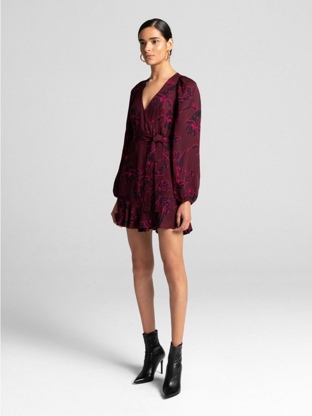 A.L.C. Revolve Embry Silk Floral Wrap Burgundy Mini Dress - Picture 2 of 10